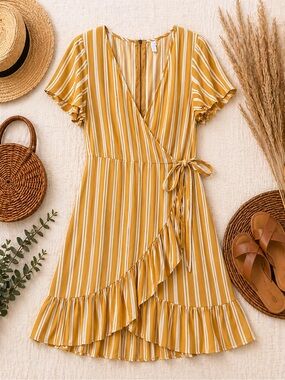 Xhilaration Mustard and White Striped Wrap Dress